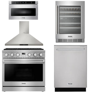 THOR Contemporary Package - 36" Gas Range, Range Hood, Dishwasher, Microwave and Wine Cooler, AP-ARG36LP-B109