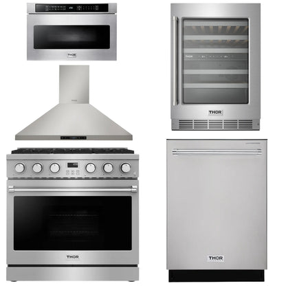 THOR Contemporary Package - 36" Gas Range, Range Hood, Dishwasher, Microwave and Wine Cooler, AP-ARG36LP-B109