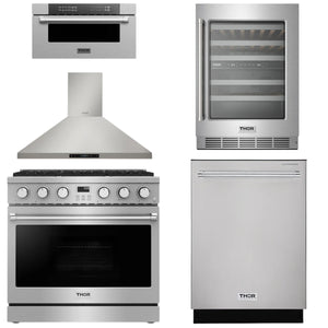 THOR Contemporary Package - 36" Gas Range, Range Hood, Dishwasher, Microwave and Wine Cooler, AP-ARG36LP-B110
