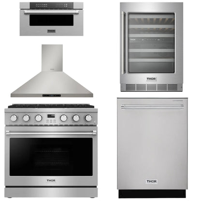 THOR Contemporary Package - 36" Gas Range, Range Hood, Dishwasher, Microwave and Wine Cooler, AP-ARG36LP-B110