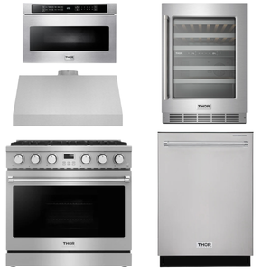 THOR Contemporary Package - 36" Gas Range, Range Hood, Dishwasher, Microwave and Wine Cooler, AP-ARG36LP-B113