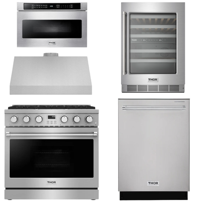 THOR Contemporary Package - 36" Gas Range, Range Hood, Dishwasher, Microwave and Wine Cooler, AP-ARG36LP-B113