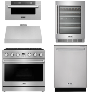 THOR Contemporary Package - 36" Gas Range, Range Hood, Dishwasher, Microwave and Wine Cooler, AP-ARG36LP-B114