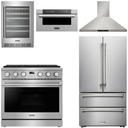 THOR Contemporary Package - 36" Gas Range, Range Hood, Refrigerator, Microwave and Wine Cooler, AP-ARG36LP-B116