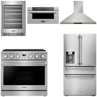 THOR Contemporary Package - 36" Gas Range, Range Hood, Refrigerator, Microwave and Wine Cooler, AP-ARG36LP-B118