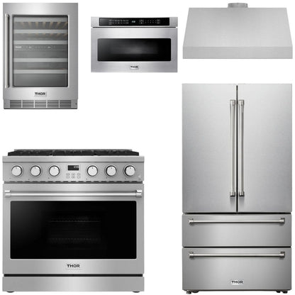 THOR Contemporary Package - 36" Gas Range, Range Hood, Refrigerator, Microwave and Wine Cooler, AP-ARG36LP-B119