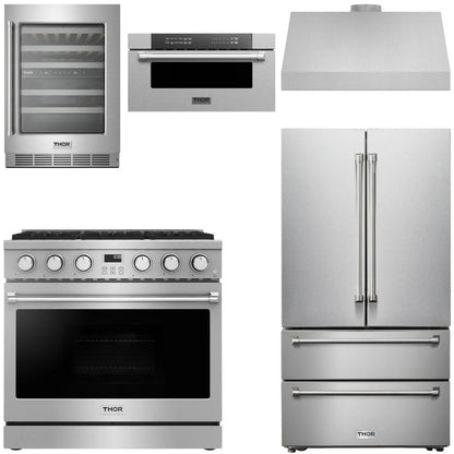 THOR Contemporary Package - 36" Gas Range, Range Hood, Refrigerator, Microwave and Wine Cooler, AP-ARG36LP-B120