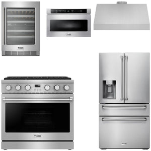THOR Contemporary Package - 36" Gas Range, Range Hood, Refrigerator, Microwave and Wine Cooler, AP-ARG36LP-B121