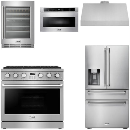 THOR Contemporary Package - 36" Gas Range, Range Hood, Refrigerator, Microwave and Wine Cooler, AP-ARG36LP-B121