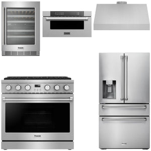 THOR Contemporary Package - 36" Gas Range, Range Hood, Refrigerator, Microwave and Wine Cooler, AP-ARG36LP-B122