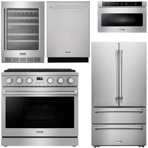 THOR Contemporary Package - 36" Gas Range, Refrigerator, Dishwasher, Microwave and Wine Cooler, AP-ARG36LP-B125