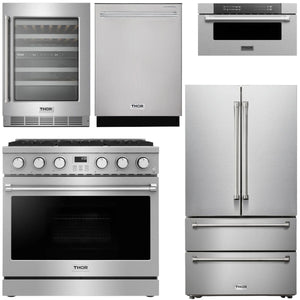 THOR Contemporary Package - 36" Gas Range, Refrigerator, Dishwasher, Microwave and Wine Cooler, AP-ARG36LP-B126