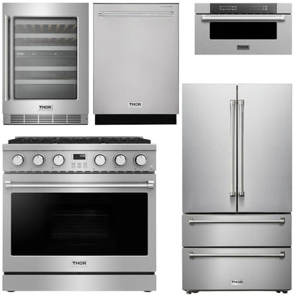 THOR Contemporary Package - 36" Gas Range, Refrigerator, Dishwasher, Microwave and Wine Cooler, AP-ARG36LP-B126