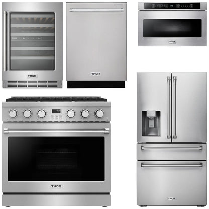THOR Contemporary Package - 36" Gas Range, Refrigerator, Dishwasher, Microwave and Wine Cooler, AP-ARG36LP-B129