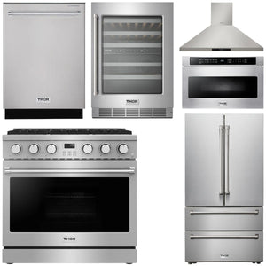THOR Contemporary Package - 36" Gas Range, Range Hood, Refrigerator, Dishwasher, Microwave and Wine Cooler, AP-ARG36LP-B133
