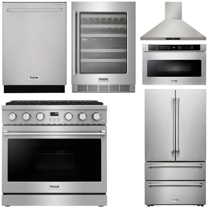 THOR Contemporary Package - 36" Gas Range, Range Hood, Refrigerator, Dishwasher, Microwave and Wine Cooler, AP-ARG36LP-B133