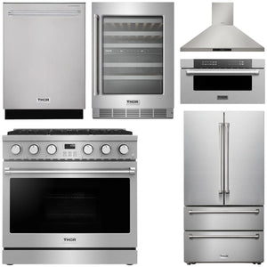 THOR Contemporary Package - 36" Gas Range, Range Hood, Refrigerator, Dishwasher, Microwave and Wine Cooler, AP-ARG36LP-B134