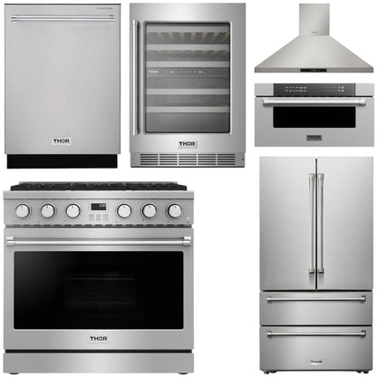 THOR Contemporary Package - 36" Gas Range, Range Hood, Refrigerator, Dishwasher, Microwave and Wine Cooler, AP-ARG36LP-B134