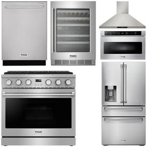 THOR Contemporary Package - 36" Gas Range, Range Hood, Refrigerator, Dishwasher, Microwave and Wine Cooler, AP-ARG36LP-B137
