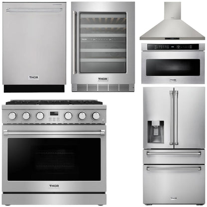 THOR Contemporary Package - 36" Gas Range, Range Hood, Refrigerator, Dishwasher, Microwave and Wine Cooler, AP-ARG36LP-B137