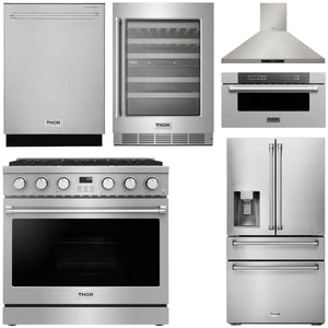 THOR Contemporary Package - 36" Gas Range, Range Hood, Refrigerator, Dishwasher, Microwave and Wine Cooler, AP-ARG36LP-B138