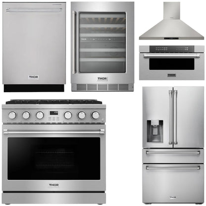 THOR Contemporary Package - 36" Gas Range, Range Hood, Refrigerator, Dishwasher, Microwave and Wine Cooler, AP-ARG36LP-B138