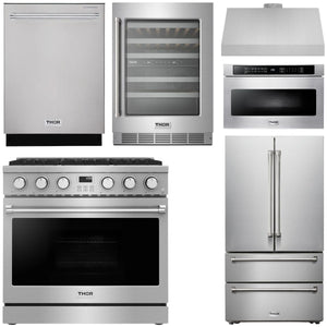 THOR Contemporary Package - 36" Gas Range, Range Hood, Refrigerator, Dishwasher, Microwave and Wine Cooler, AP-ARG36LP-B141