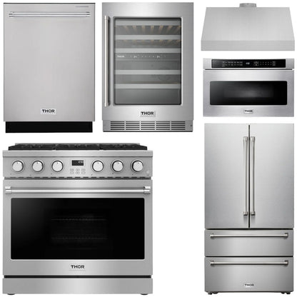 THOR Contemporary Package - 36" Gas Range, Range Hood, Refrigerator, Dishwasher, Microwave and Wine Cooler, AP-ARG36LP-B141