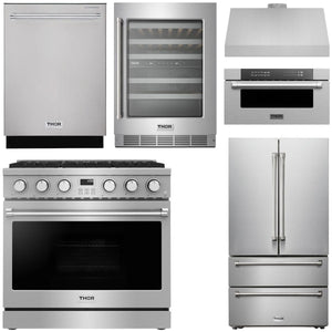 THOR Contemporary Package - 36" Gas Range, Range Hood, Refrigerator, Dishwasher, Microwave and Wine Cooler, AP-ARG36LP-B142
