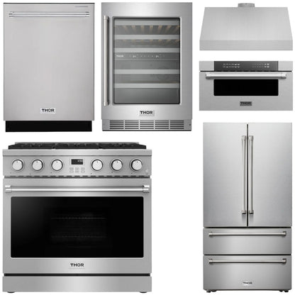 THOR Contemporary Package - 36" Gas Range, Range Hood, Refrigerator, Dishwasher, Microwave and Wine Cooler, AP-ARG36LP-B142