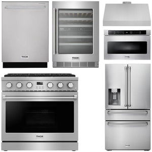 THOR Contemporary Package - 36" Gas Range, Range Hood, Refrigerator, Dishwasher, Microwave and Wine Cooler, AP-ARG36LP-B145
