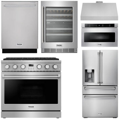 THOR Contemporary Package - 36" Gas Range, Range Hood, Refrigerator, Dishwasher, Microwave and Wine Cooler, AP-ARG36LP-B145