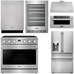 THOR Contemporary Package - 36" Gas Range, Range Hood, Refrigerator, Dishwasher, Microwave and Wine Cooler, AP-ARG36LP-B146