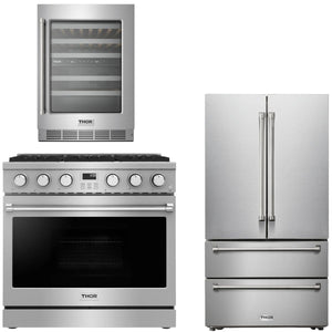 THOR Contemporary Package - 36" Gas Range, Refrigerator and Wine Cooler, AP-ARG36LP-B38