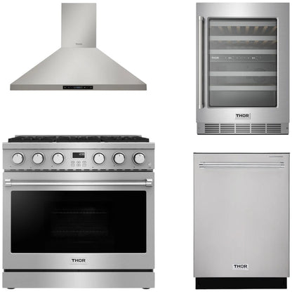 THOR Contemporary Package - 36" Gas Range, Range Hood, Dishwasher and Wine Cooler, AP-ARG36LP-B57