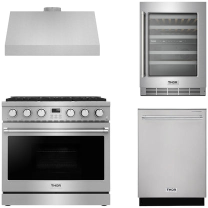 THOR Contemporary Package - 36" Gas Range, Range Hood, Dishwasher and Wine Cooler, AP-ARG36LP-B59