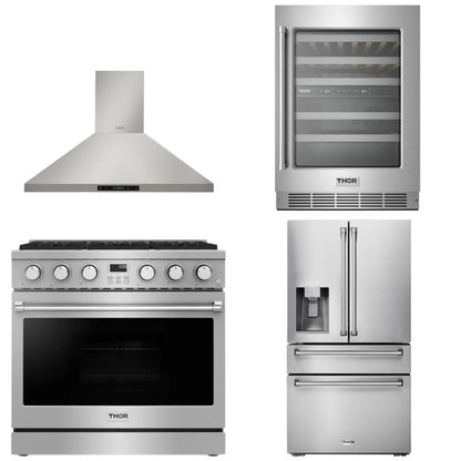 THOR Contemporary Package - 36" Gas Range, Range Hood, Refrigerator and Wine Cooler, AP-ARG36LP-B69