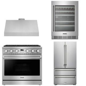 THOR Contemporary Package - 36" Gas Range, Range Hood, Refrigerator and Wine Cooler, AP-ARG36LP-B70