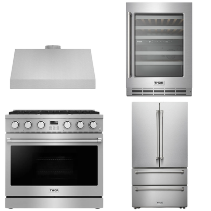 THOR Contemporary Package - 36" Gas Range, Range Hood, Refrigerator and Wine Cooler, AP-ARG36LP-B70
