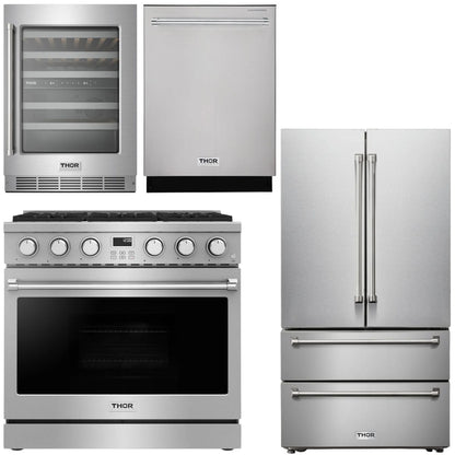 THOR Contemporary Package - 36" Gas Range, Refrigerator, Dishwasher and Wine Cooler, AP-ARG36LP-B80