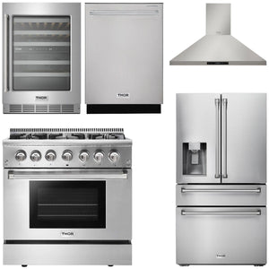 THOR Kitchen Package - 36" Dual Fuel Range, Range Hood, Refrigerator with Water and Ice Dispenser, Dishwasher, Wine Cooler, AP-HRD3606U-11