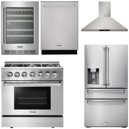 THOR Kitchen Package - 36" Dual Fuel Range, Range Hood, Refrigerator with Water and Ice Dispenser, Dishwasher, Wine Cooler, AP-HRD3606U-11