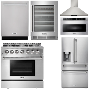 THOR Kitchen Package - 36" Dual Fuel Range, Range Hood, Microwave, Refrigerator with Water and Ice Dispenser, Dishwasher, Wine Cooler, AP-HRD3606U-14
