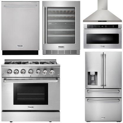 THOR Kitchen Package - 36" Dual Fuel Range, Range Hood, Microwave, Refrigerator with Water and Ice Dispenser, Dishwasher, Wine Cooler, AP-HRD3606U-14