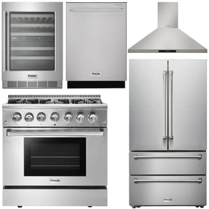 THOR Kitchen Package - 36" Dual Fuel Range, Range Hood, Refrigerator, Dishwasher, Wine Cooler, AP-HRD3606U-4