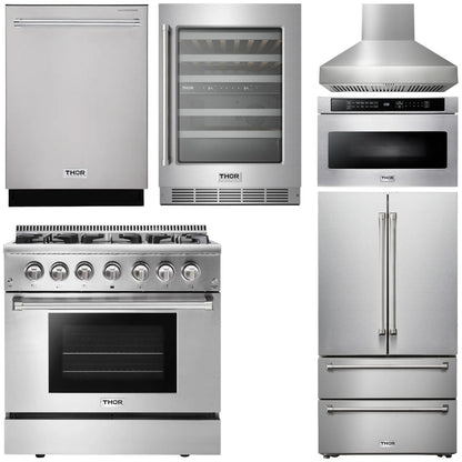 THOR Kitchen Package - 36" Dual Fuel Range, Range Hood, Microwave, Refrigerator, Dishwasher, Wine Cooler