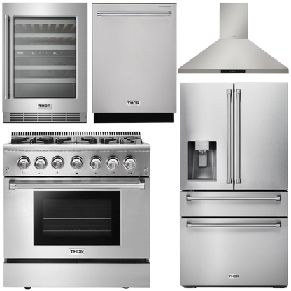 THOR Kitchen Package - 36" Propane Dual Fuel Range, Range Hood, Refrigerator with Water and Ice Dispenser, Dishwasher, Wine Cooler, AP-HRD3606ULP-11