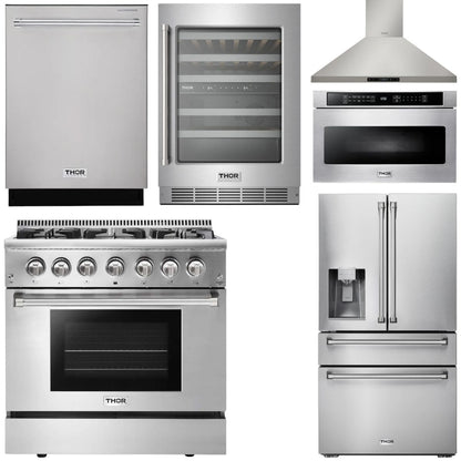 THOR Package - 36" Propane Dual Fuel Range, Range Hood, Microwave, Refrigerator with Water & Ice Dispenser, Dishwasher, Wine Cooler