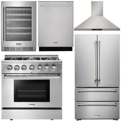THOR Kitchen Package - 36" Propane Dual Fuel Range, Range Hood, Refrigerator, Dishwasher, Wine Cooler, AP-HRD3606ULP-4