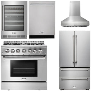 THOR Kitchen Package - 36 In. Propane Gas Burner/Electric Oven Range, Range Hood, Refrigerator, Dishwasher, Wine Cooler, AP-HRD3606ULP-W-12
